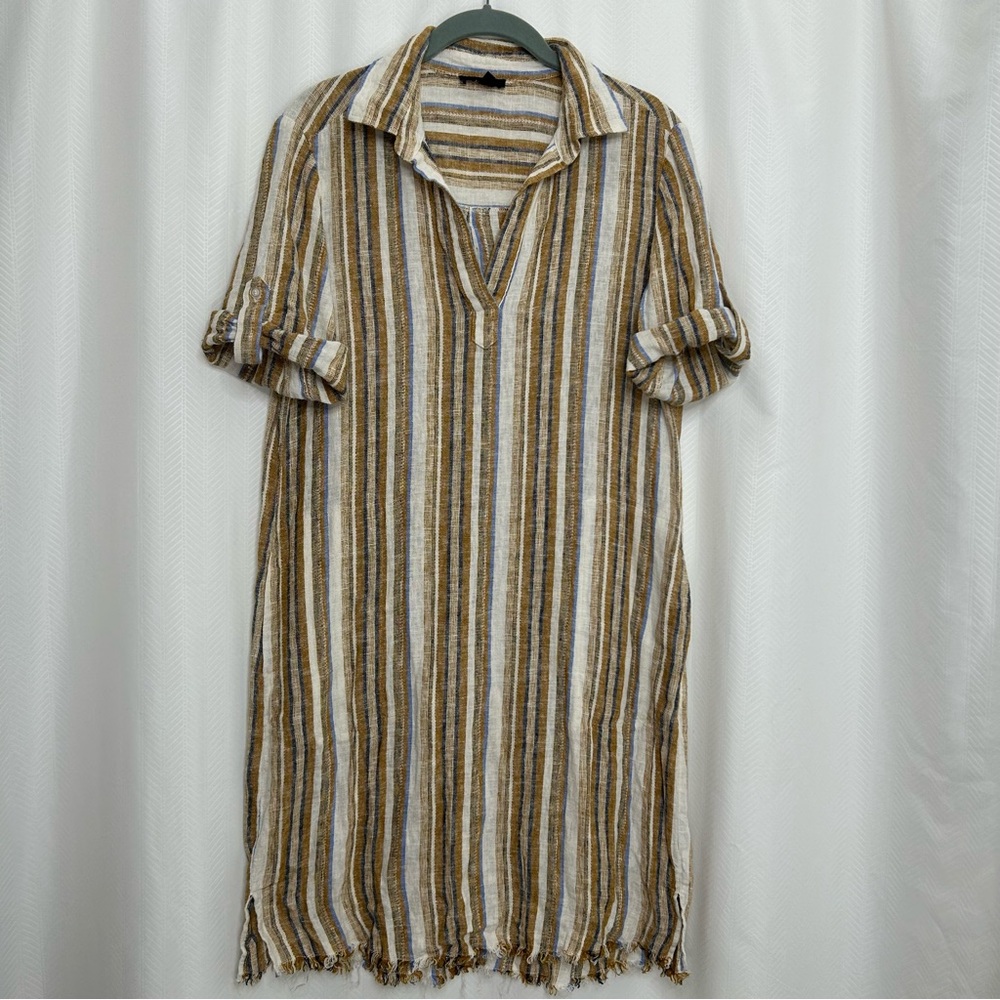 Drew Ollie striped linen shirt dress tan blue lagenlook